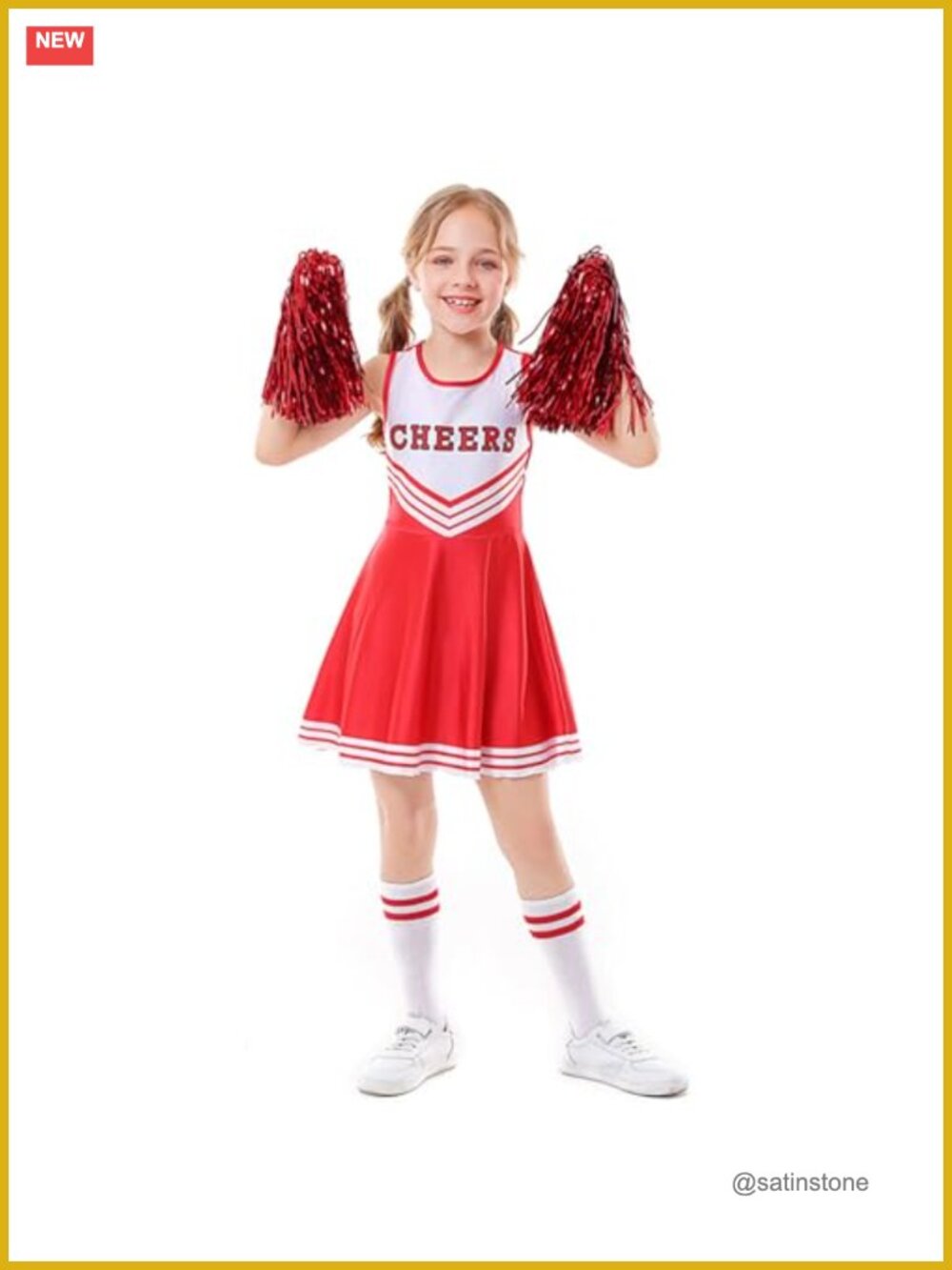 Girls Cheerleader Costume Sleeveless Dress with Socks and Pom Poms